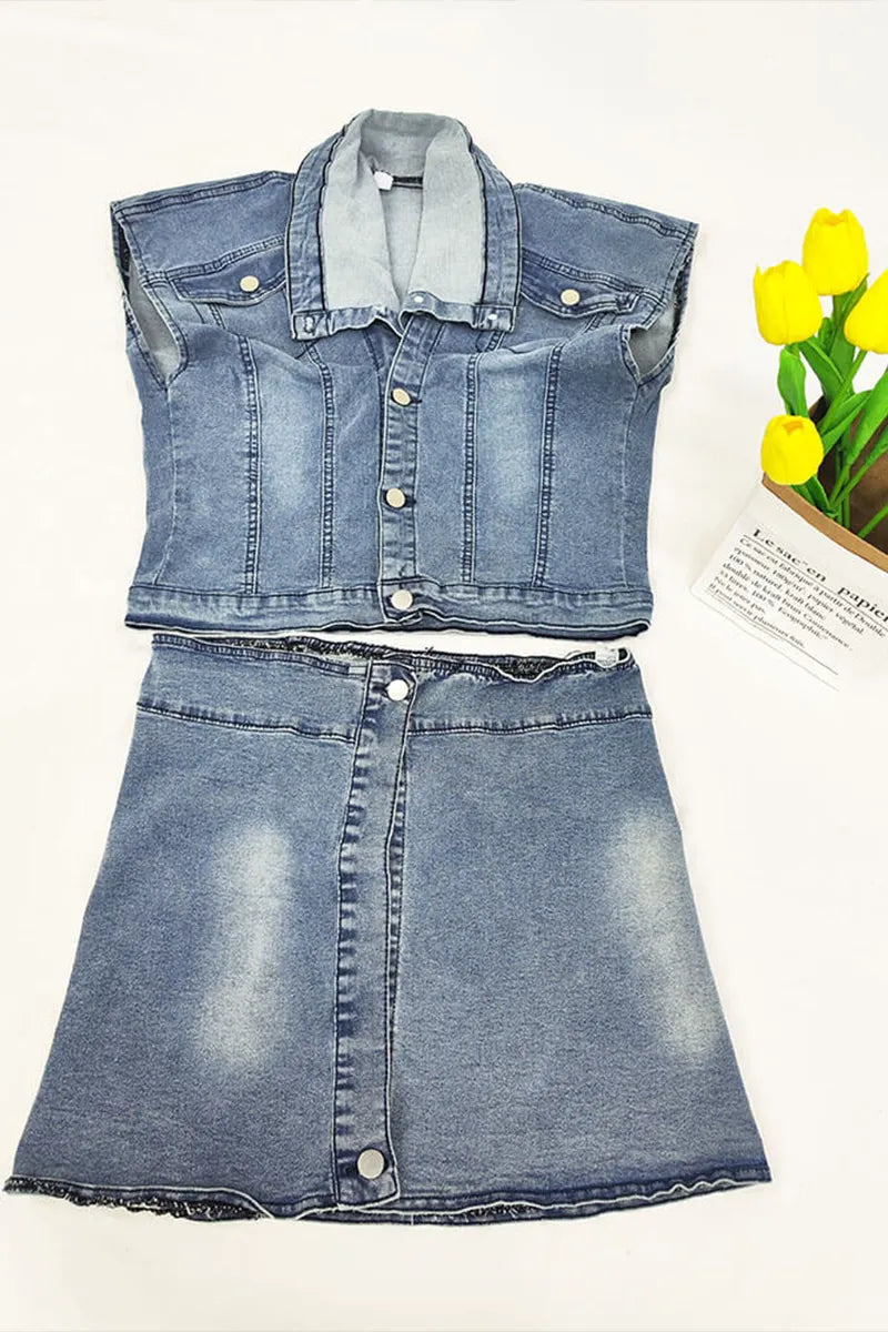 Ladies' Fashionable Casual Denim Short Top And Mini Skirt