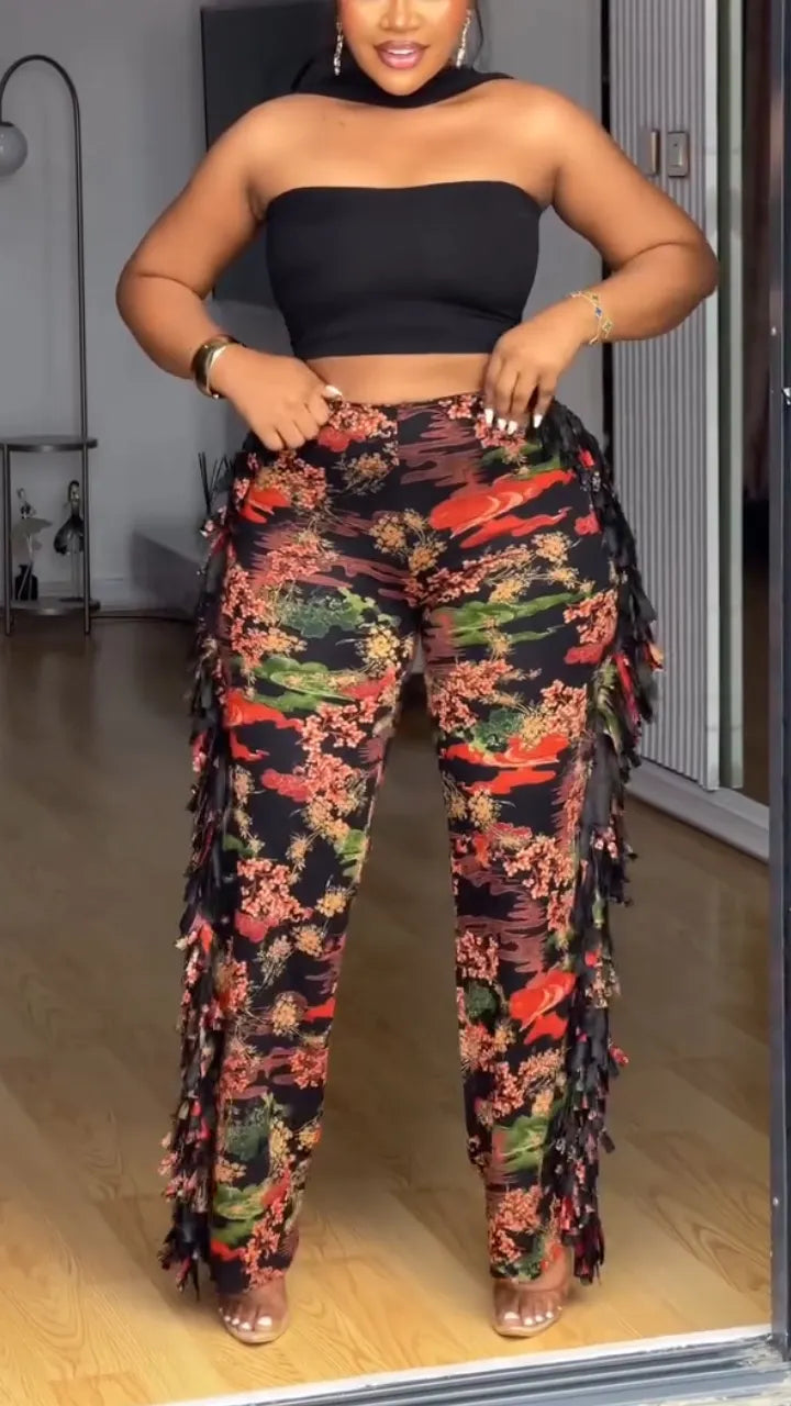 Women Strapless Top+ Patchwork Tassel Printed Pants Casual Set