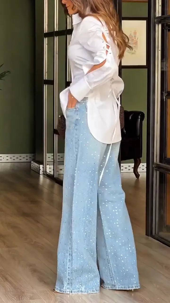Women Collar Back Hollow Strap Design Shirt + Rhinestone Washed Denim Jeans