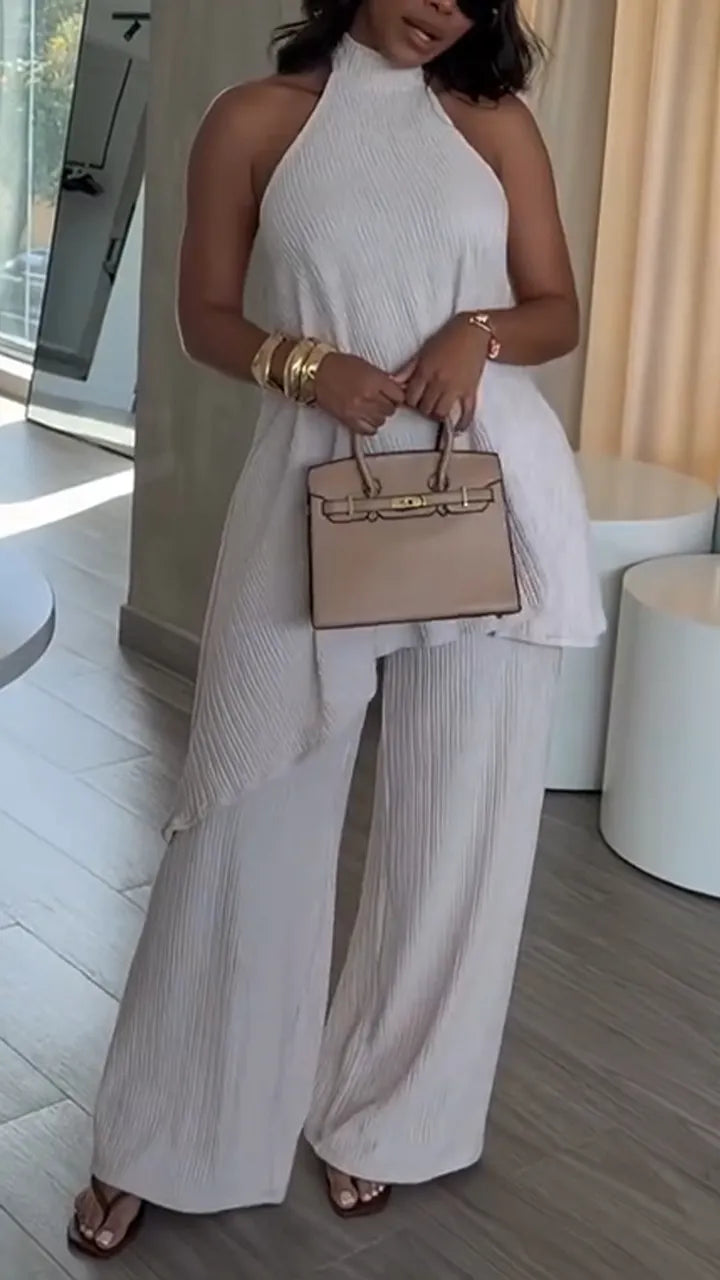 Women Neck Hanging Sleeveless Irregular Top + Pants Solid Color Casual Suit