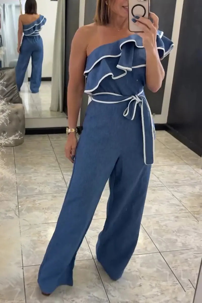Women's Elegant Gigot Sleeve Rhinestone Trim Jumpsuit