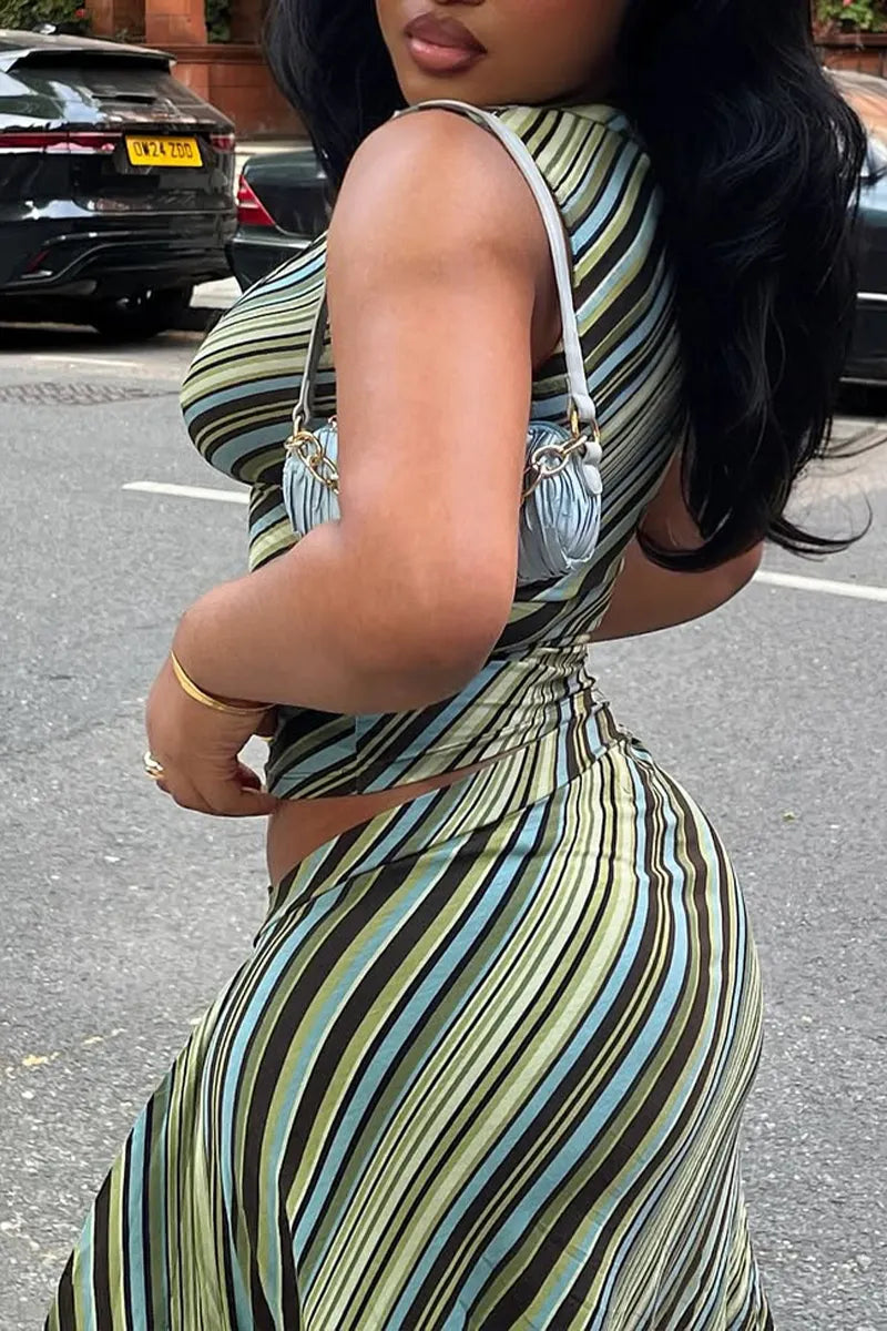 Women Low Neck Striped Top+ Irregular Half Skirt Casual Suit