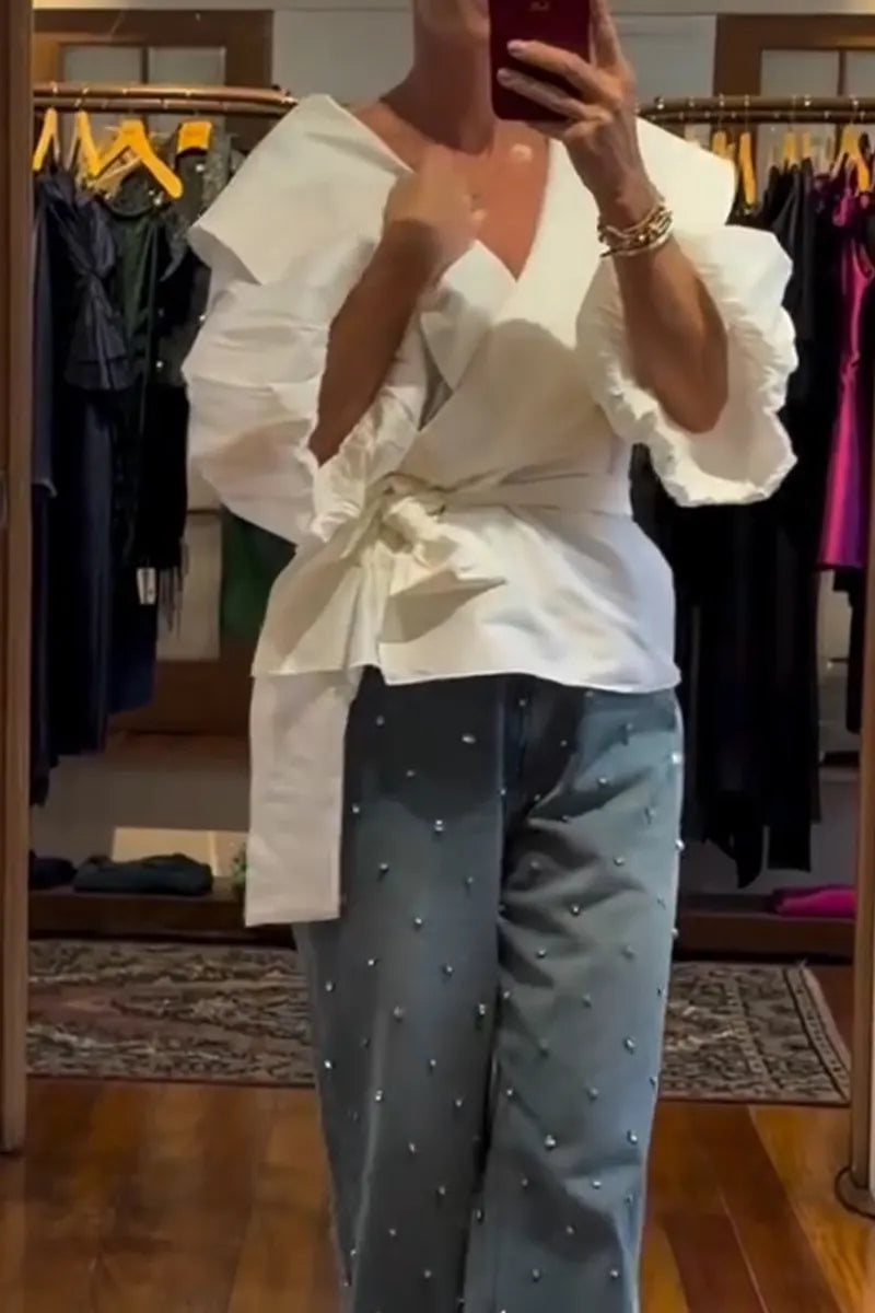 Women Casual V-neck Cinched Waist Shirt or Nail Drill Wide Leg Jeans