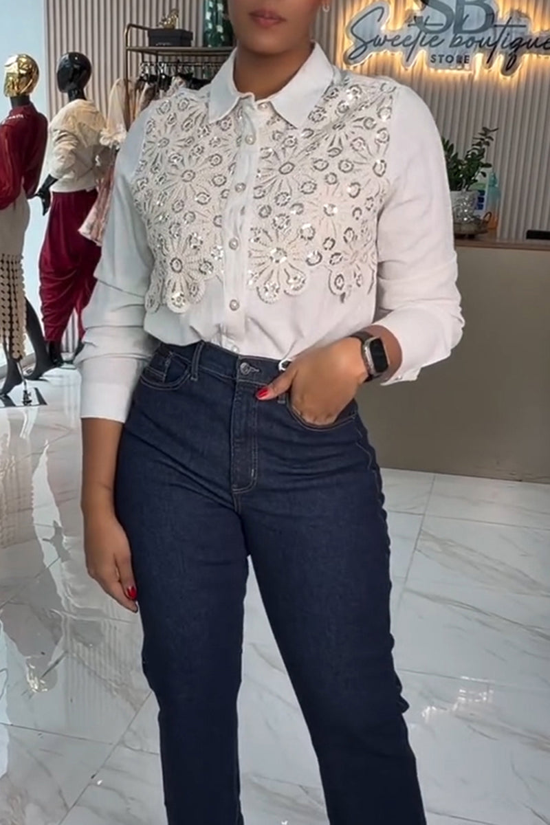 Women's Casual Beads Flower Decoration Shirt