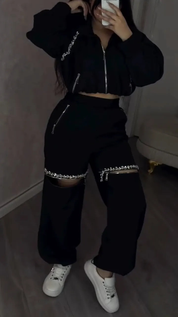 Women Round Neck Jacket+ Spliced Zipper Pants Casual Set
