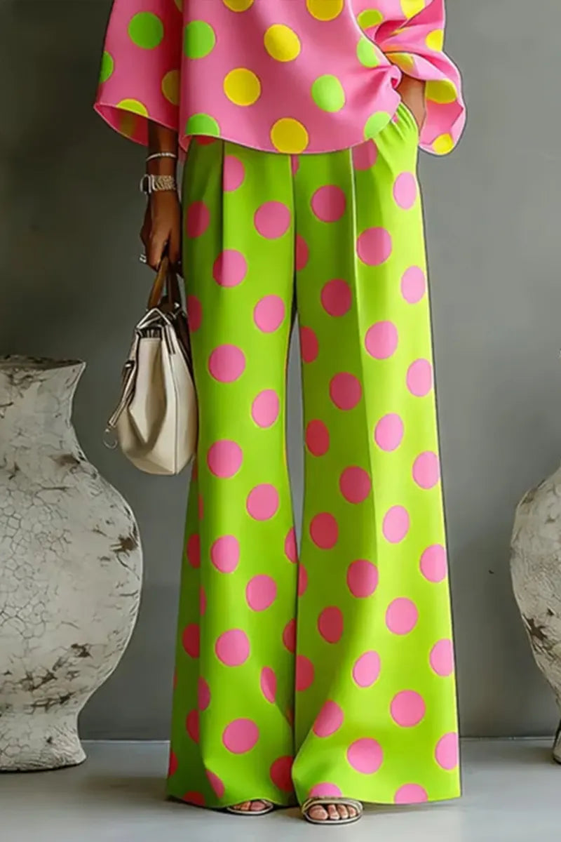 Women Colorful Polka Dot Off Shoulder Top+ Wide Leg Pants Two-piece Set