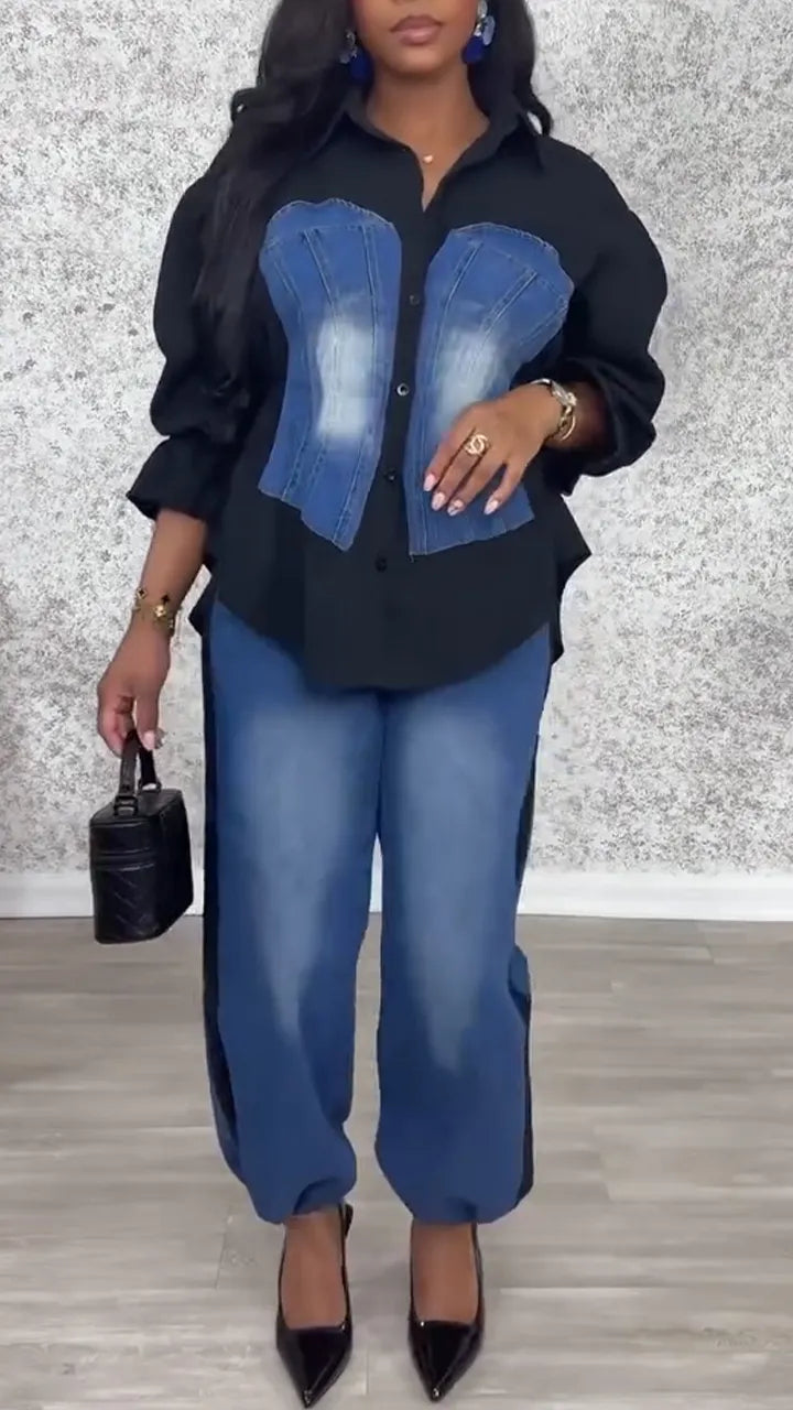 Women Laple Collar Splicing Denim Washing Water Casual Set