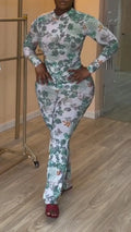 Women Round Neck Printed Long Sleeved Top + Pants Casual Suit