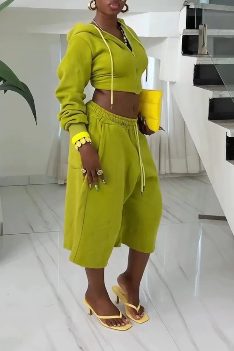 Women Hooded Short Jacket + Pants Casual Set