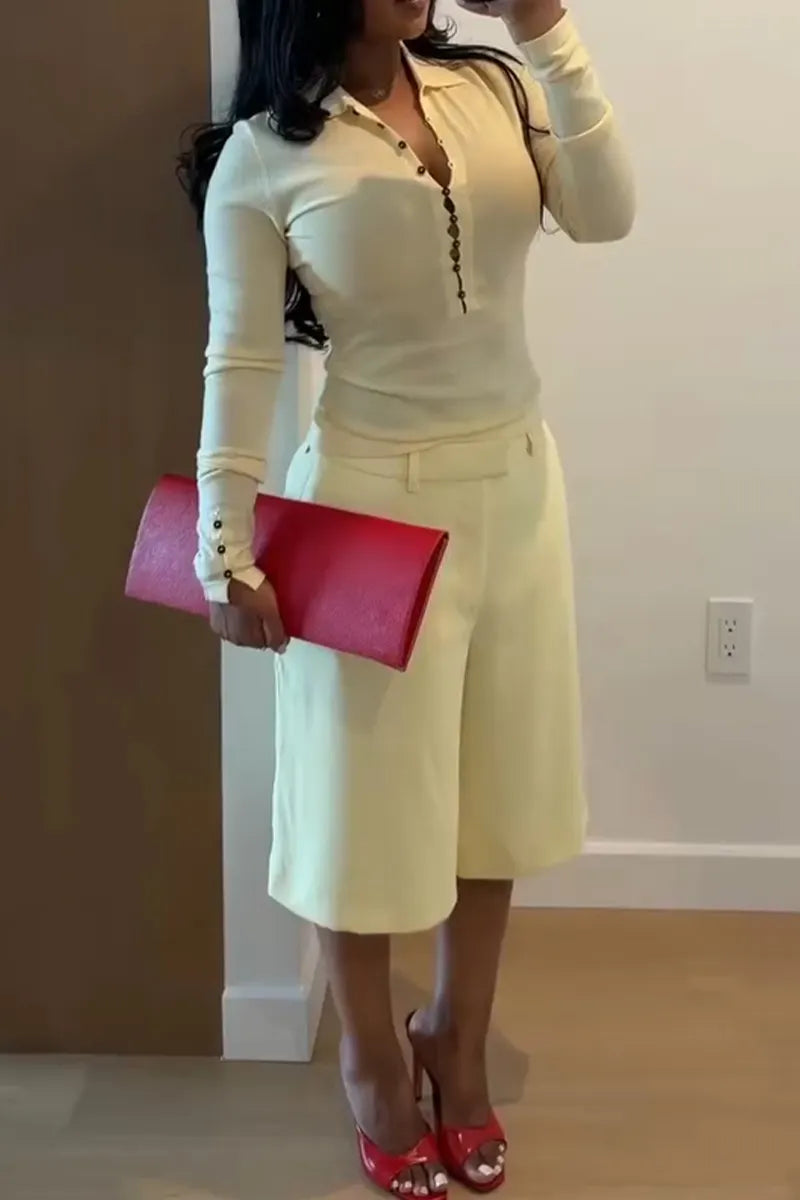 Women Casual Collared Breasted Top or Wide Leg Cropped Pants