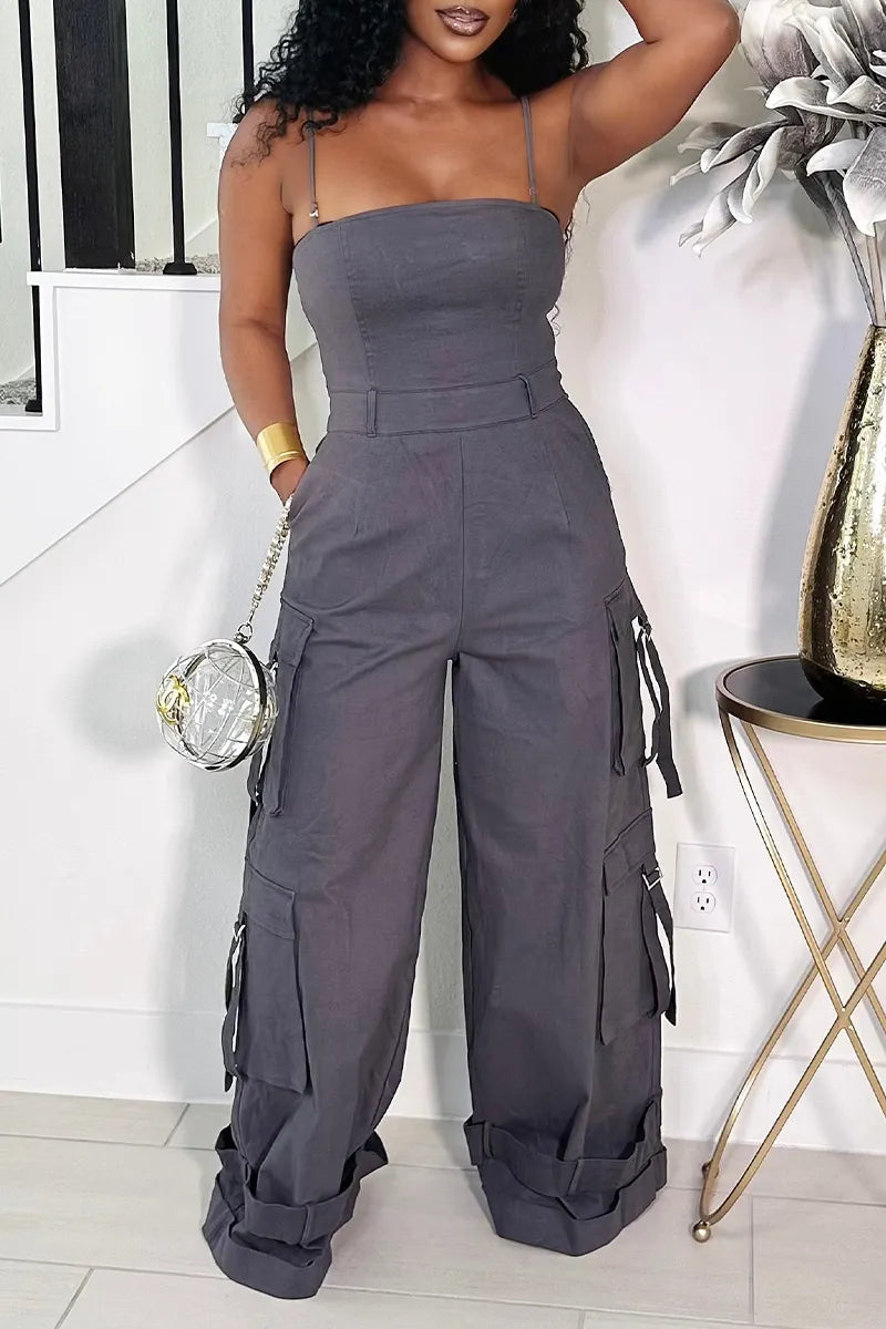 Women's  Casual Strapless Cargo Jumpsuit, Sleeveless Wide Leg Jumpsuit with Utility Pockets
