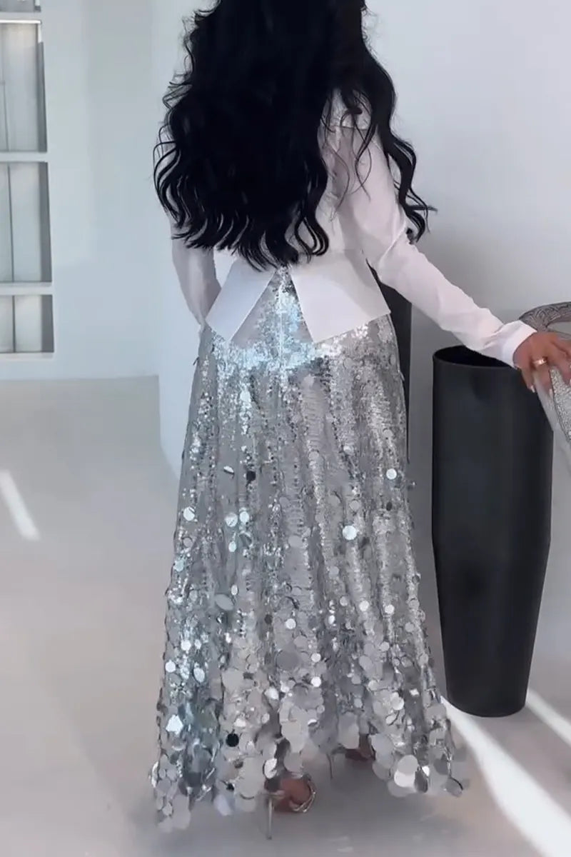 Women Elegant Temperament Patchwork Shirt or Sequined Skirt