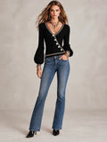 Asymmetric Button Placket Balloon Sleeve Ribbed Knit Sweater