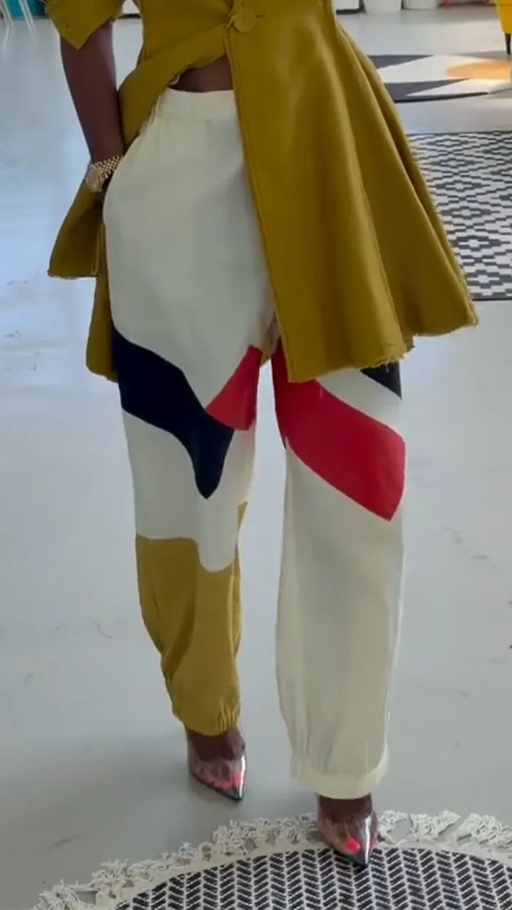 Women Collar Patchwork Jacket + Contrasting Pants