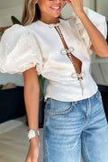 Women's Elegant Rhinestone Bow Puff Sleeve Top
