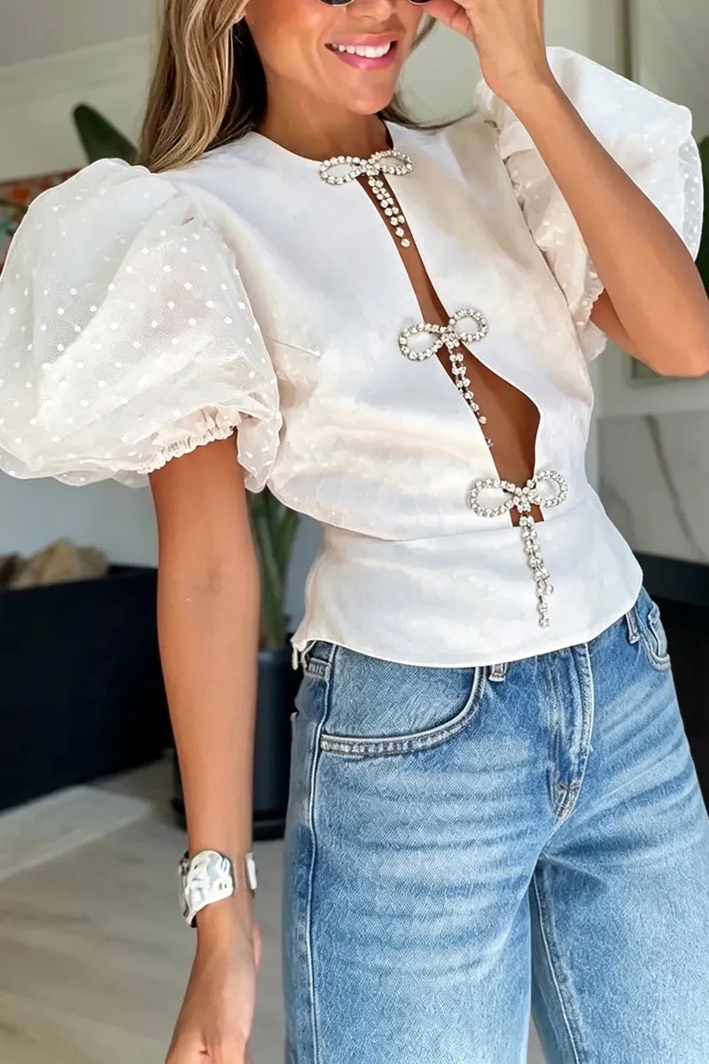 Women's Elegant Rhinestone Bow Puff Sleeve Top