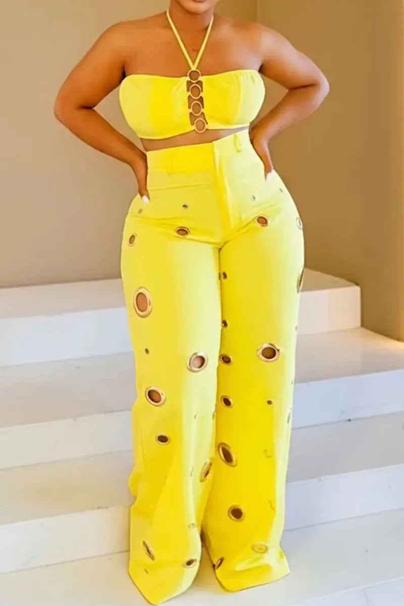 Women's Halter Neck Cutout Cropped Vacation Top Or Loose Fit Cutout Trousers