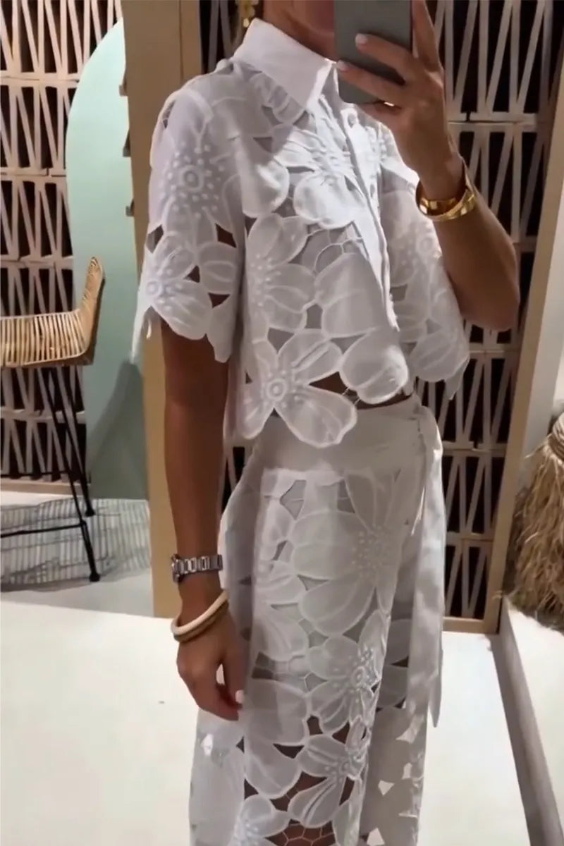 Women Casual Lapel Patterned Hollow Top or Wide Leg Pants