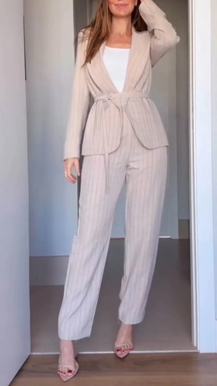 Women Collar Vertical Stripe Jacket+ Pants Temperament Commuting Suit