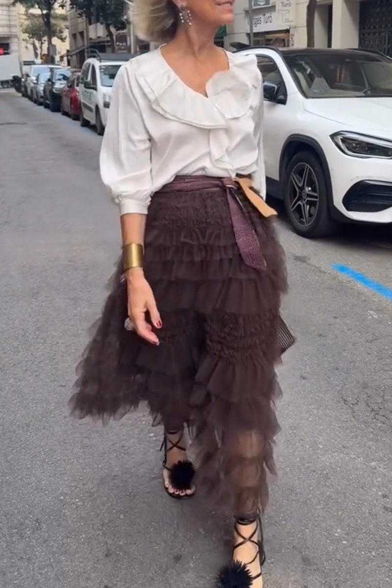 Women's Elegant and Casual Round Neck Spliced Top or Spliced Multi-layer Skirt