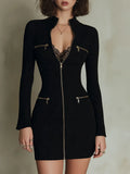 Black Rib-Knit Zip-Front Bodycon Mini Dress with Stand Collar