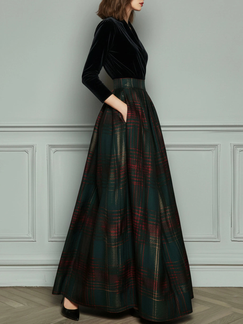 Elegant High Waist Velvet And Plaid Evening Gown With Full Skirt