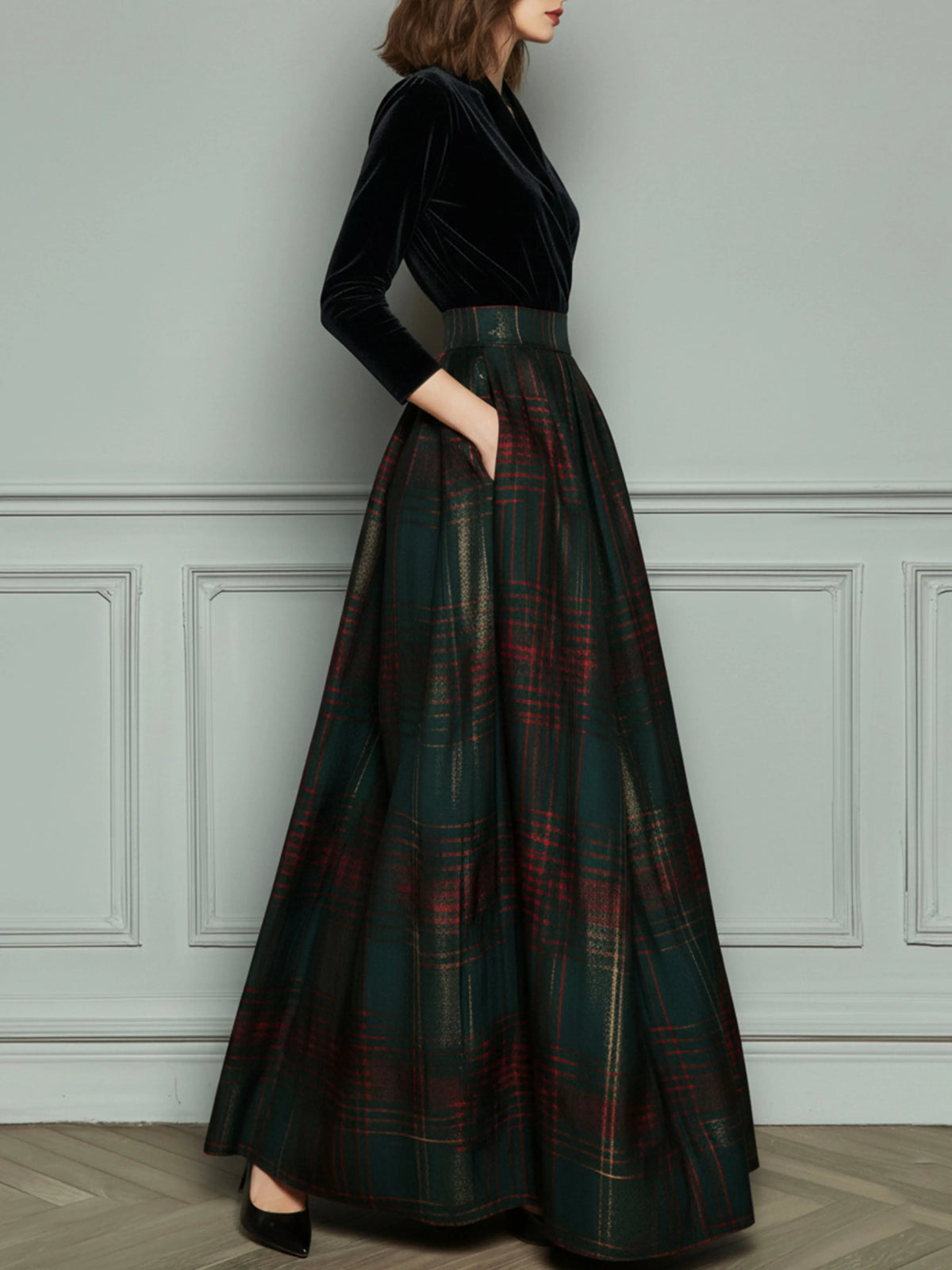 Elegant High Waist Velvet And Plaid Evening Gown With Full Skirt