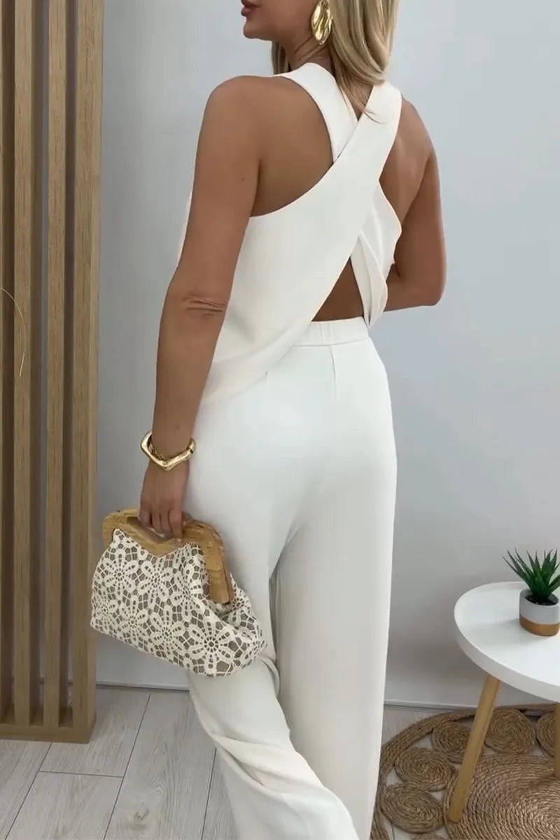 Women Round Neck Back Cross Design Top+ Pants Solid Color Casual Suit