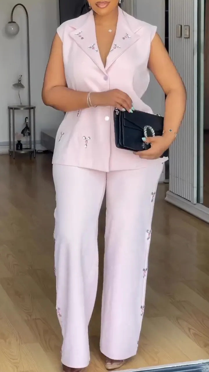 Women Collar Sleeveless Rhinestone Patterned Jacket + Pants Temperament Commuting Set