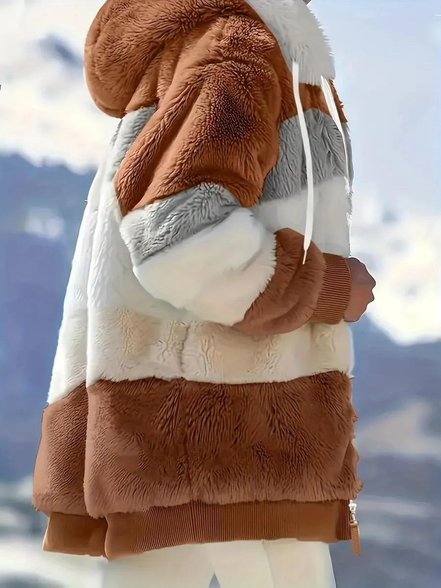 Women's Hooded Contrasting Color Casual Plush Coat