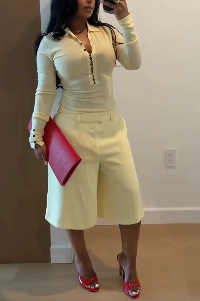 Women Casual Collared Breasted Top or Wide Leg Cropped Pants