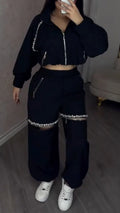 Women Round Neck Jacket+ Spliced Zipper Pants Casual Set