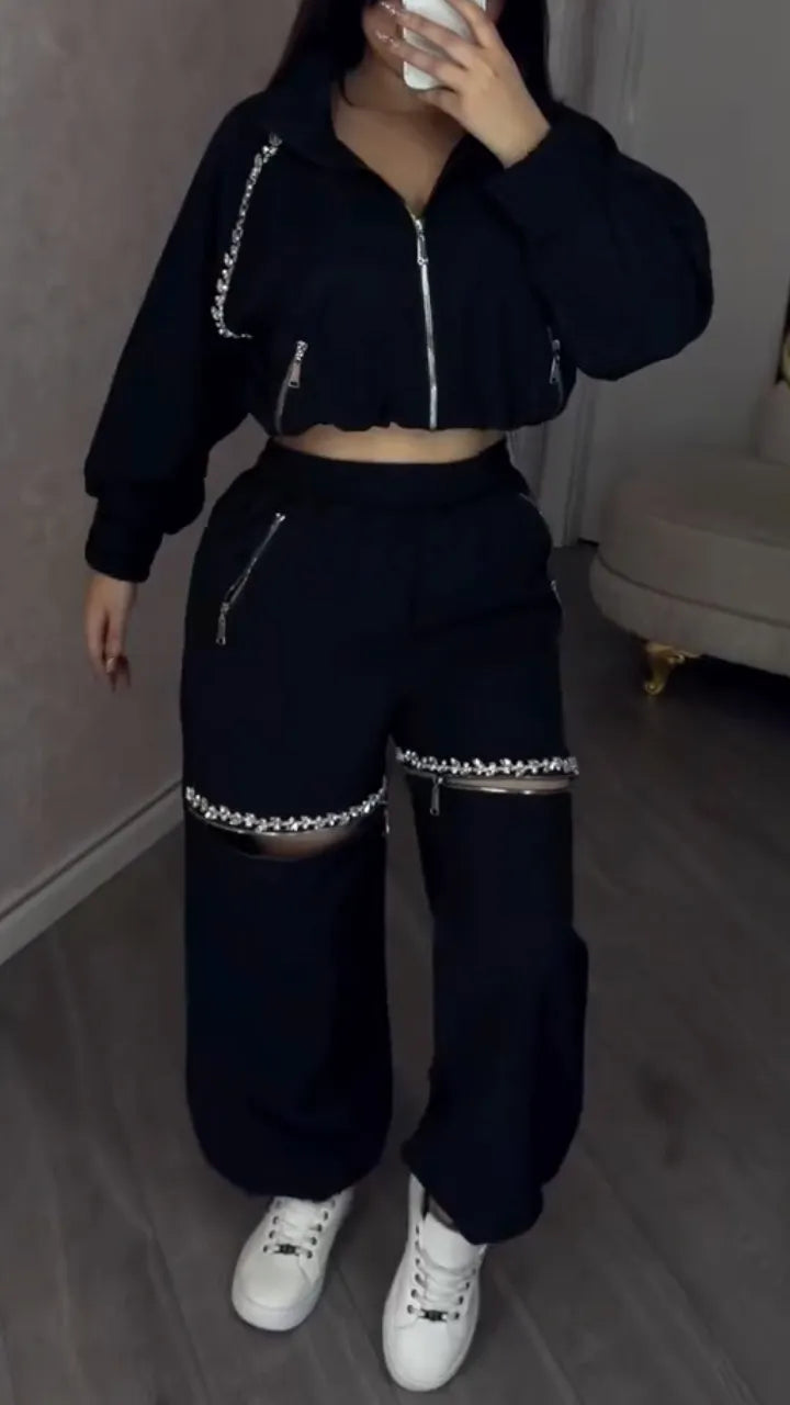 Women Round Neck Jacket+ Spliced Zipper Pants Casual Set