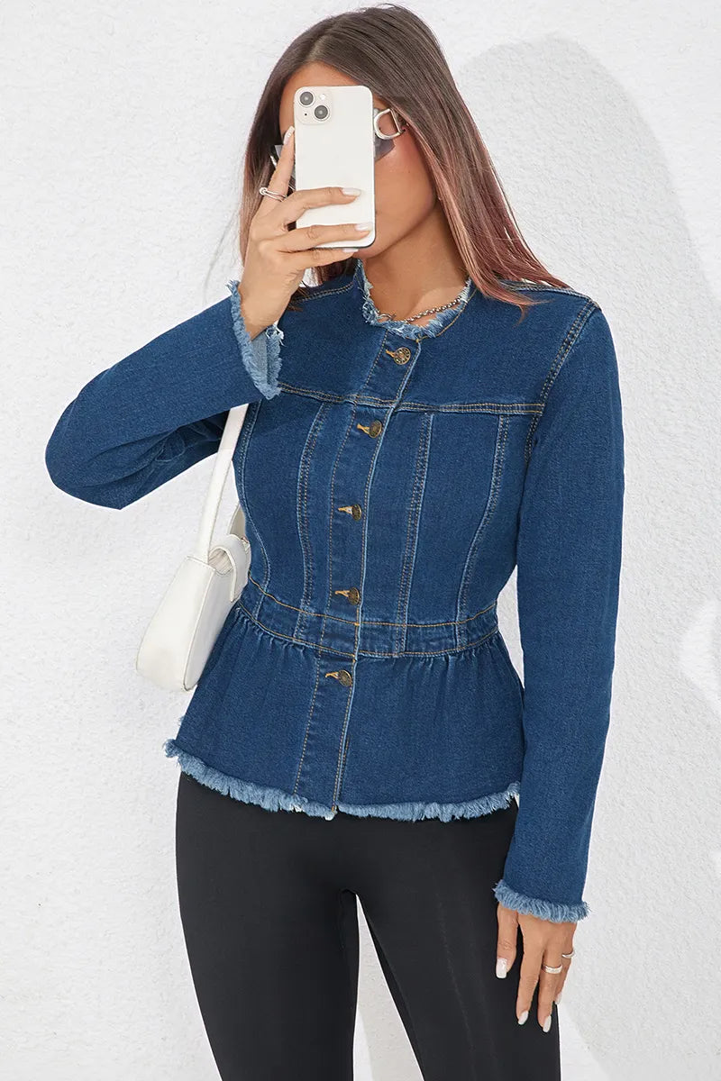 Women's Waist-Cinched Frayed Hem Denim Jacket