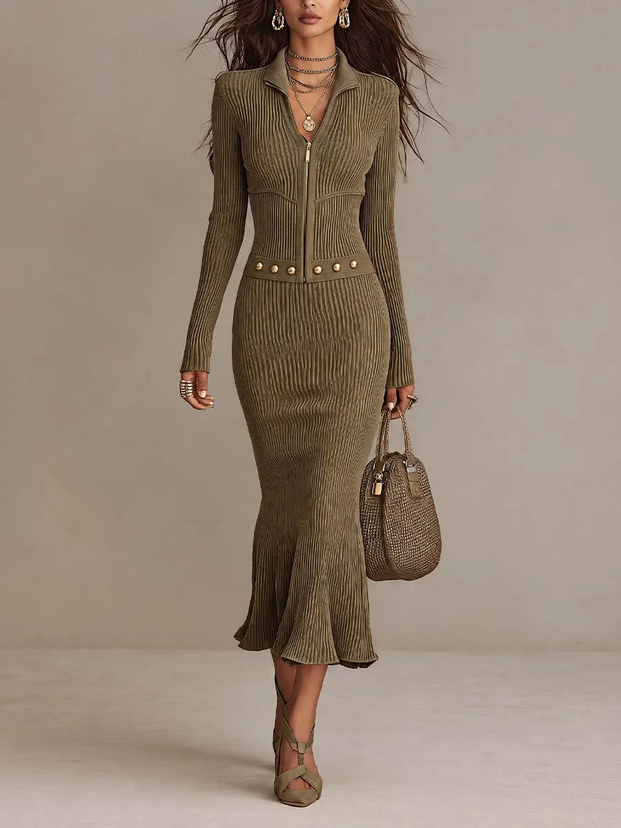 Elegant Ribbed Knit Zip-Up Fishtail Midi Dress with Stud Belt Detail