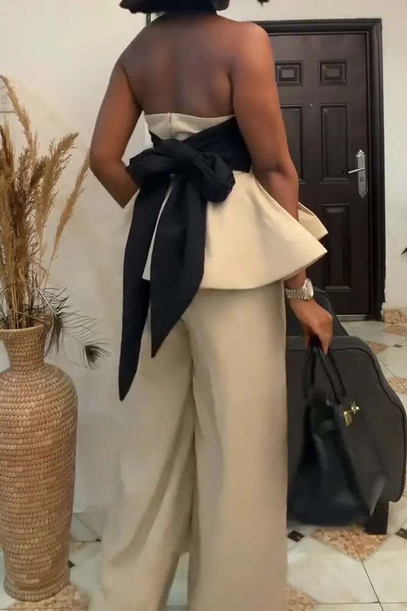 Women Neck and Waist Cinching Top+ Wide Leg Pants Casual Outfit with Temperament