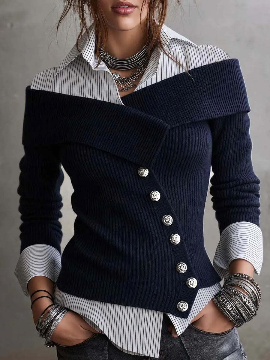 Asymmetric Placket Faux-layered Knit Blouse