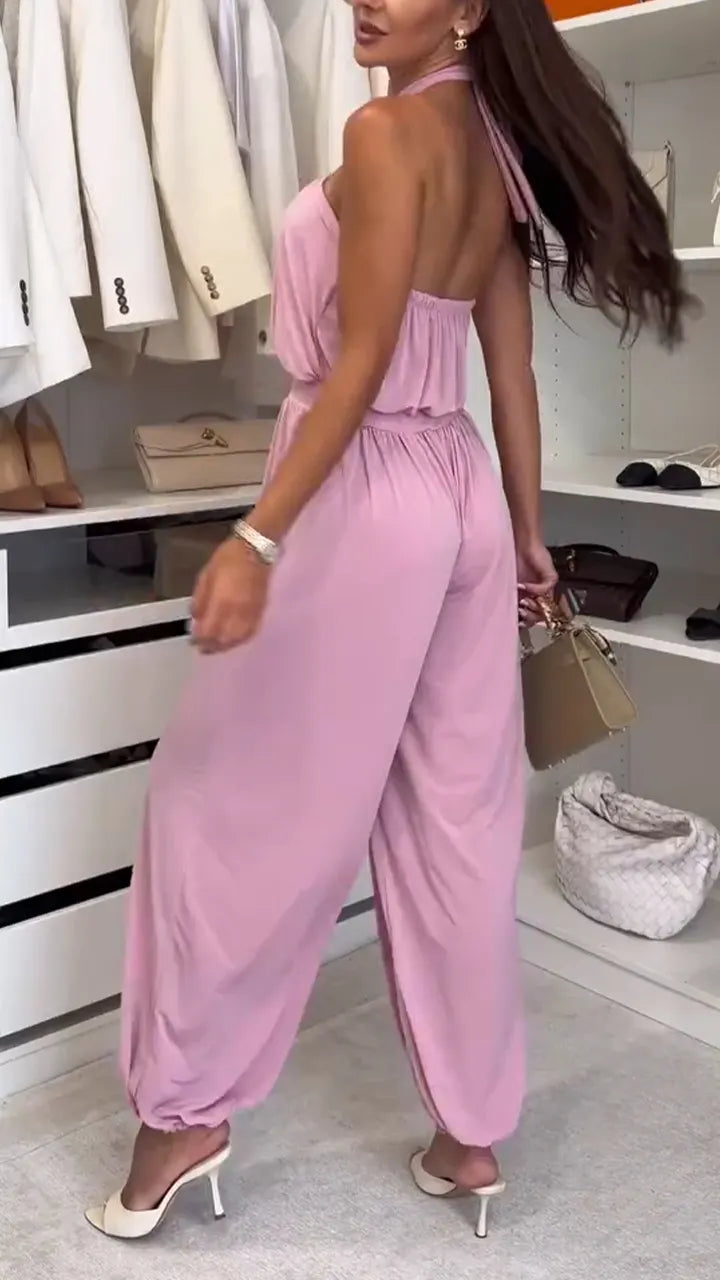Women Hanging Neck Sleeveless Patchwork Solid Color Casual Jumpsuit