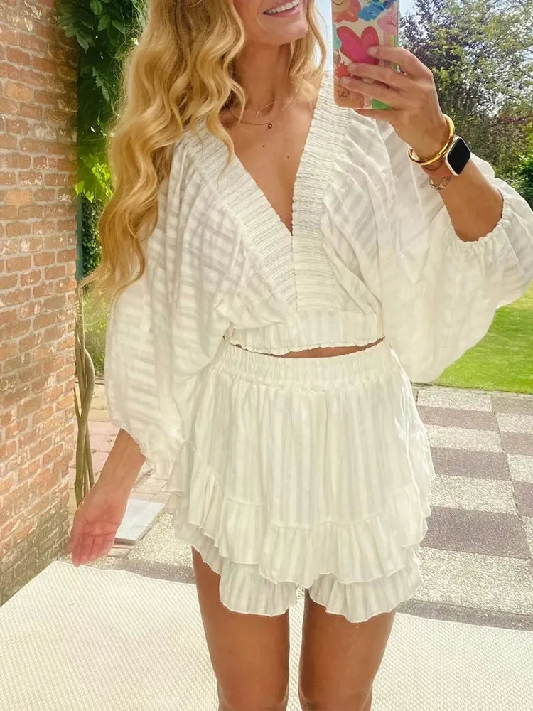 Women V-neck Top+ Splicing Half Skirt Casual Set