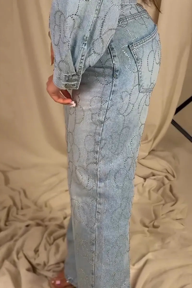 Women's Fashion Pattern Rhinestone Short Denim Jacket or Jeans