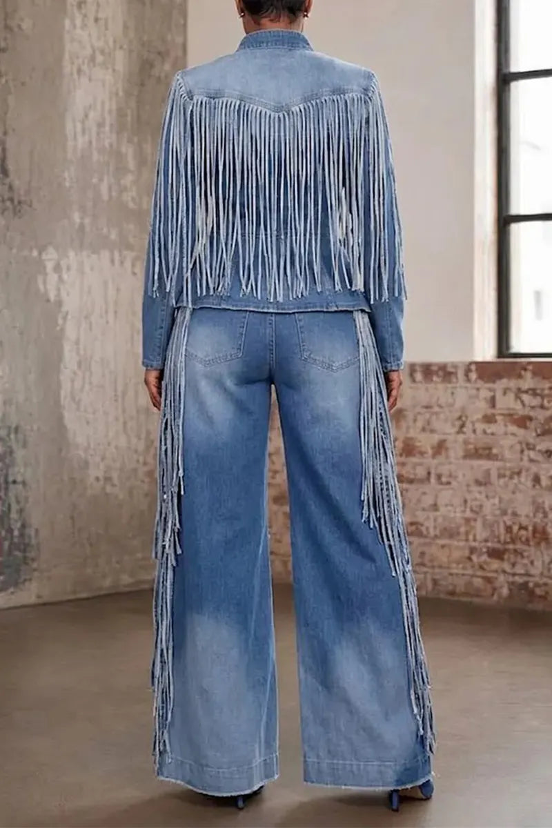 Women's Round Neck Washed Water Spliced Tassel Denim Jacket or Wide Leg Jeans