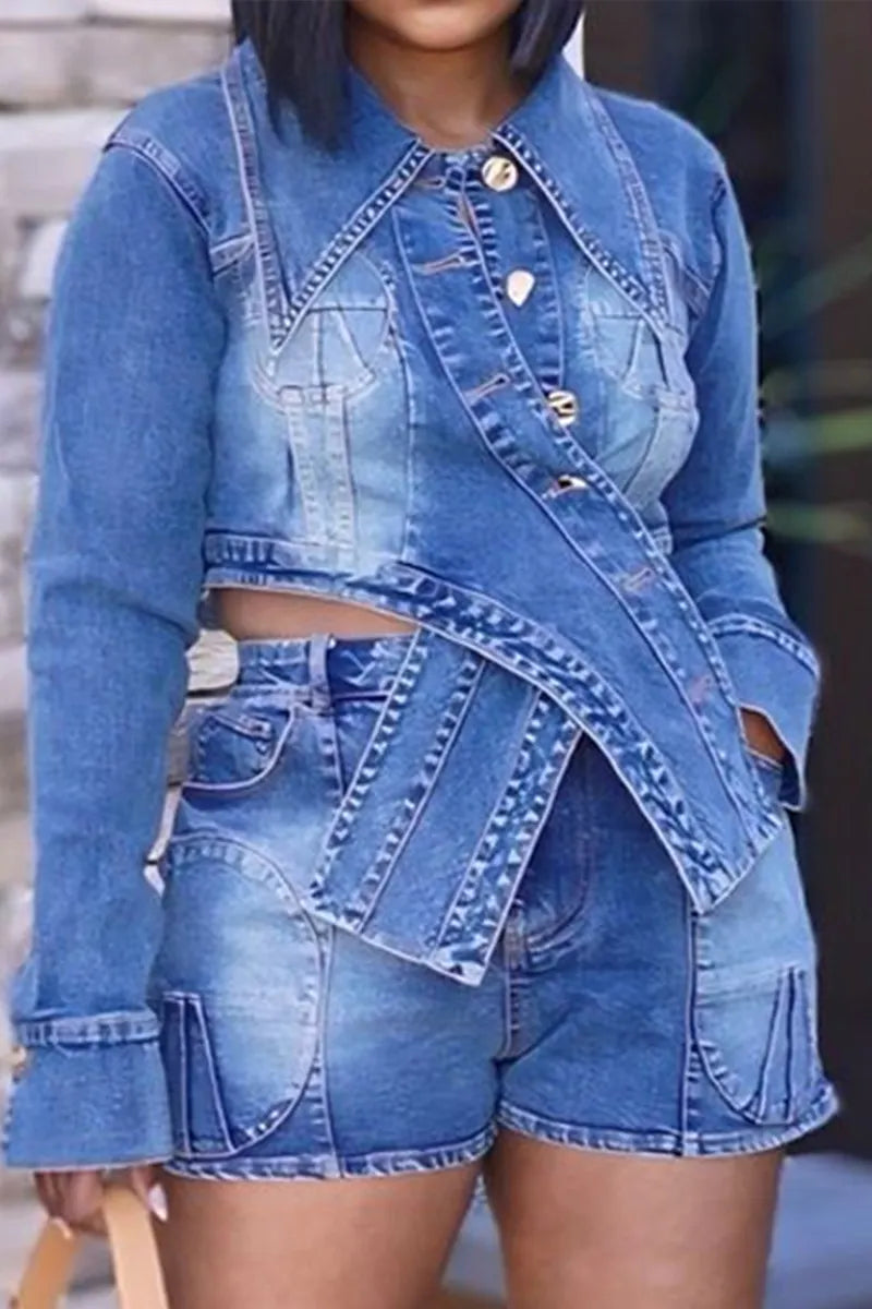 Hot Selling Women's Denim Cross Top And Denim Shorts