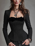 Elegant Black Tweed Bow Detail Square Neck Peplum Top