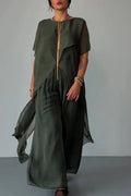 Women Round Neck Irregular Long Chiffon Top+ Wide Leg Pants Casual Suit