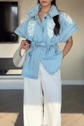 Women's Casual Wide Shoulder Floral Pattern Waist Cinching Denim Vest with Belt