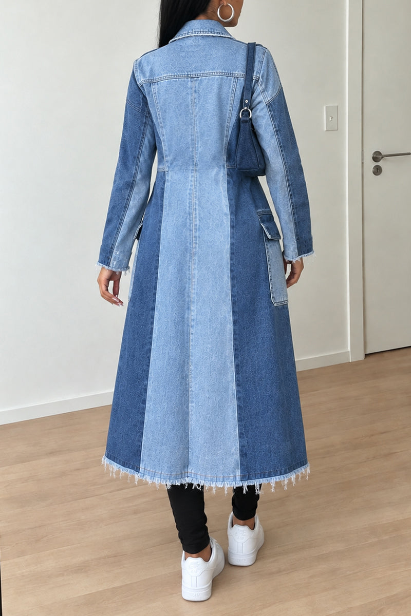 Women's Chic Color Block Frayed Trim Long Blue Denim Trench Coat