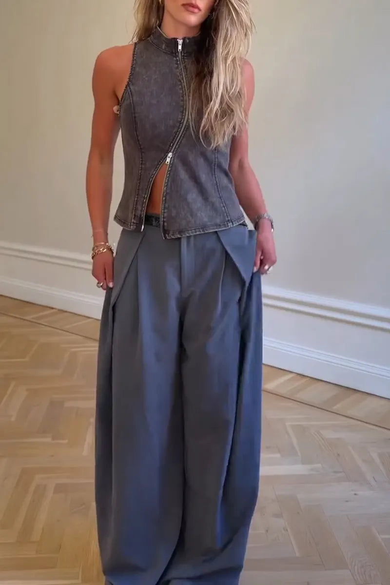 Women Casual Round Neck Sleeveless Zipper Denim Top or Wide Leg Pants