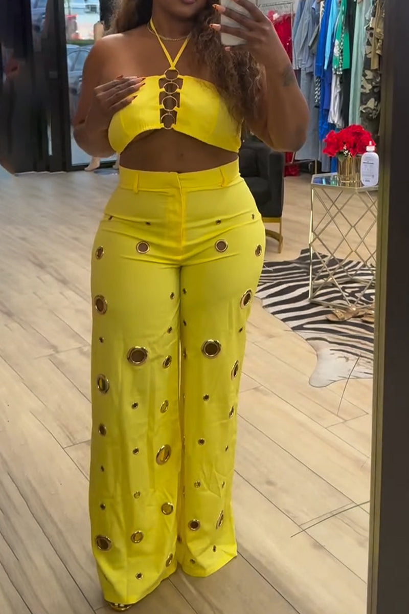 Women Neck Hanging Short Top + Hollow Wide Leg Pants Sexy Casual Suit