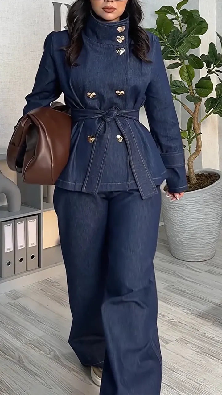 Women Standing Collar Jacket+ Pants Style Casual Denim Suit