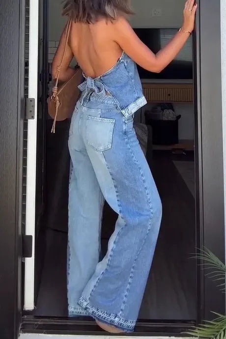 Back Tie Detail Denim Vest With Contrast Panel Jeans Sets